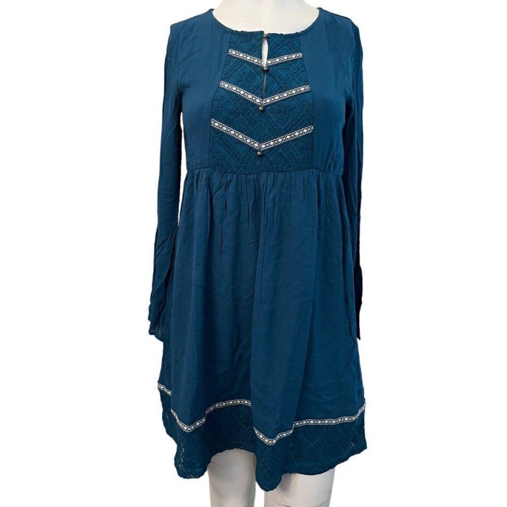 Doe & Rae Small Peasant Smock Dress Teal Blue Long Sleeve Lace Embroidered NWT